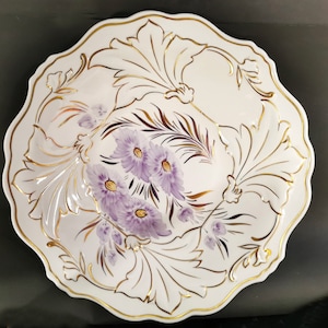 Vintage pompous Bowl or Plate &quot;Jutta&quot;, WEIMAR. Purple + gold + white + craquelure raku technique * unique *porcelain 60s70s * Ø 32cm 12.6&quot;