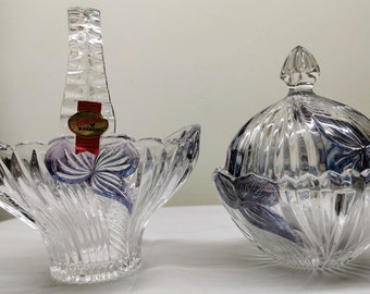 Annahütte: 2 pc Set &quot;PARADIESE&quot; Bonboniere, Lid Bowl Ø 5.12&quot; PLUS crystal basket L= 6.10&quot; Lead crystal 24% PbO Vintage