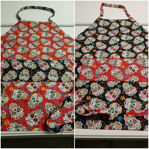 Sugar Skull Apron with Adjustable   Neck Strap and Ties, Handmade