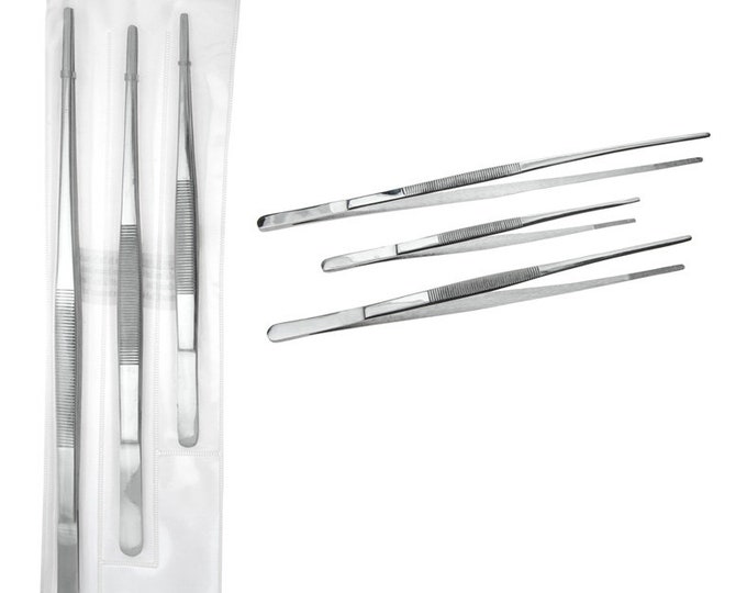 Stainless Steel* Three Piece Over-sized Tweezer Set Serrated Tips 8 10 12 Jumbo