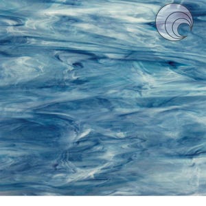 May include: Blue and white iridescent glass with a swirling pattern. The glass has a translucent appearance.