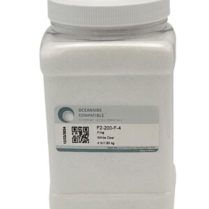 May include: A white plastic jar with a white lid containing white opal glass beads. The jar has a label that reads "Oceanside Compatible System 96 Tested Compatible F2-200-F-4 Fine White Opal 4 lb/1.82 kg CAUTION: Avoid inhaling or ingesting glass dust Made in Mexico".