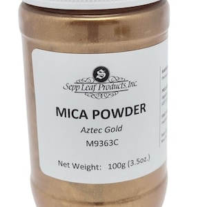 May include: A glass jar of Aztec Gold mica powder, labeled "Mica Powder" with the product code "M9363C" and a net weight of 100g (3.5oz).