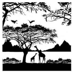 May include: Black and white silhouette of an African savanna scene. The image features trees, mountains, and two giraffes with a baby giraffe. Birds are flying in the sky. The artwork is a minimalist design.