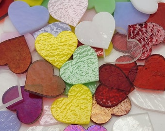 SIX PIECES 1" Precut 90 COE Fusible Glass Heart Red Clear Lavender White Red Mint Yellow