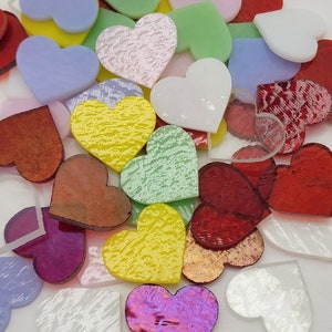 SIX PIECES 1" Precut 90 COE Fusible Glass Heart Red Clear Lavender White Red Mint Yellow