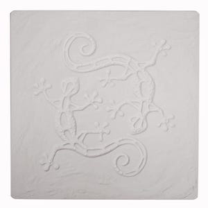 May include: White square tile with a textured surface. Two stylized gecko lizards are embossed on the tile. The lizards are facing each other, with their tails curled and their feet spread out.