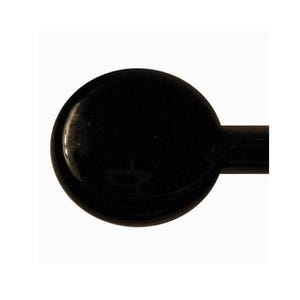 May include: A solid black, round object with a stem. The object appears to be made of a glossy material. The stem is a thin, straight line extending from the round shape. The object is set against a white background.