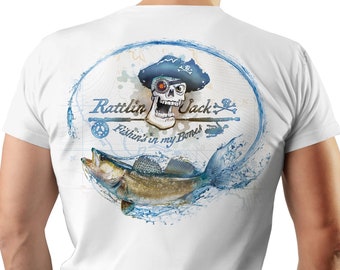 Rattlin Jack Skull Logo Walleye Short Sleeves Men’s UV Sun Protection Fishing Shirt Moisture Wicking