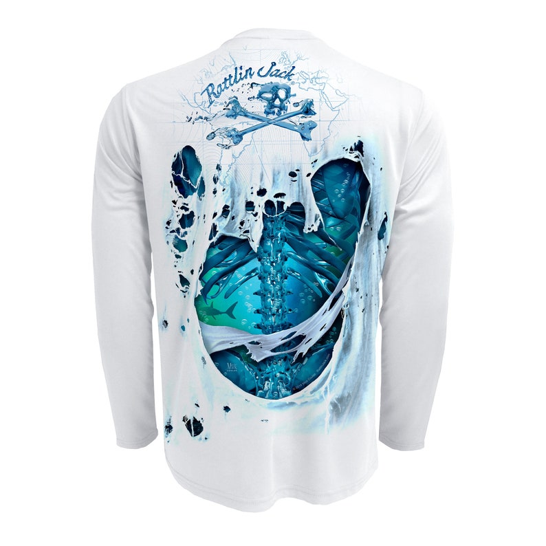 The white version of the water bones shows a graphic of a torn t-shirt with the illusion of a blue skeleton in an underwater scene on a long sleeve fishing shirt.
