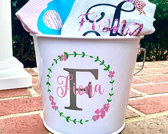 Monogram baby gift basket bucket, personalized birthday basket, baby shower gift bucket, metal bucket