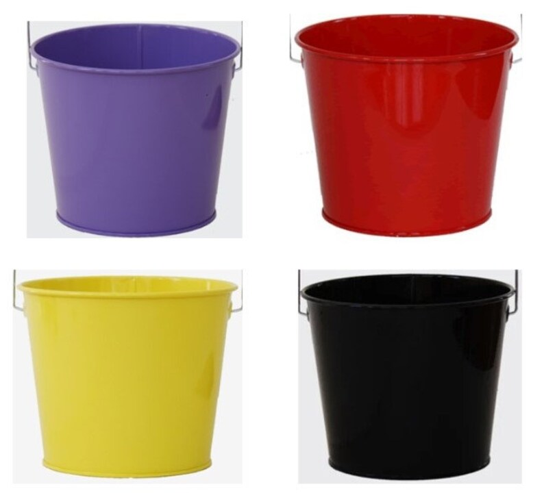 May include: Four metal buckets in different colors: purple, red, yellow, and black. Each bucket has a handle.
