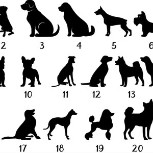 May include: Black and white silhouette images of 21 different dog breeds. The images are numbered 1 through 21.