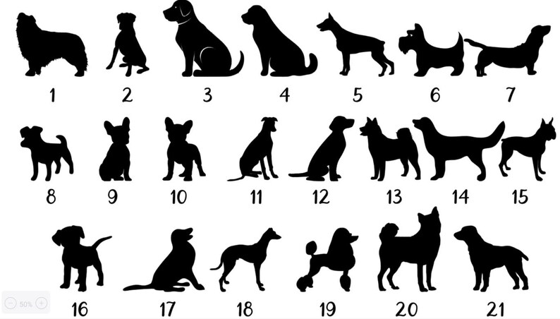 May include: Black and white silhouette images of 21 different dog breeds. The images are numbered 1 through 21.