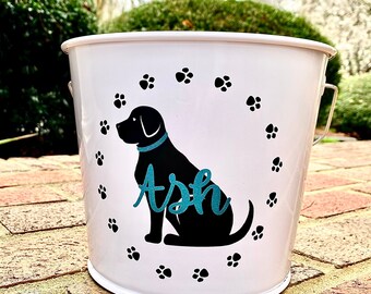 Personalized pet treat bucket, monogram lab dog toy basket, custom puppy paw print bucket, dog supplies container, rescue dog metal bucket