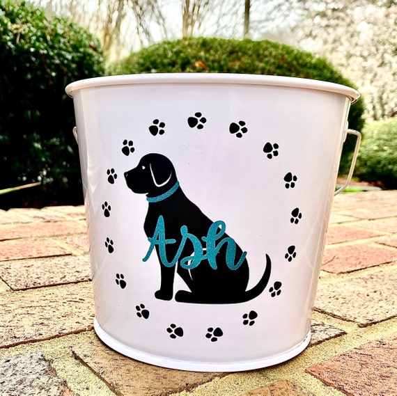 Personalized pet treat bucket, monogram lab dog toy basket, custom puppy paw print bucket, dog supplies container, rescue dog metal bucket