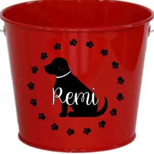 May include: Red metal bucket with a black silhouette of a dog and the name "Remi" in a white cursive font. The dog is surrounded by a circle of black paw prints.