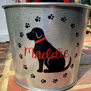 May include: A silver metal bucket with a black silhouette of a dog and the name Maddie in red lettering. The bucket is decorated with paw prints around the dog.