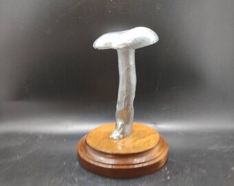 Tall Bolete Mushroom Cast in Aluminum on a Stained Wood Base