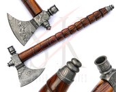 Damascus Steel Axe Hatchet Custom Hand Forged Smoking Pipe Tomahawk Rose Wood Handle - 117