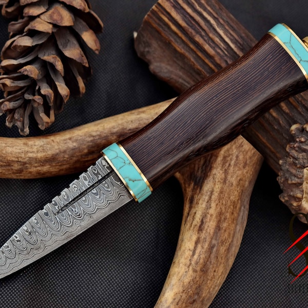 Couteau celtique écossais Dirk SGIAN DUBH forgé à la main, lame en acier de Damas, manche en bois de wengé, turquoise et laiton fait à la main - 243
