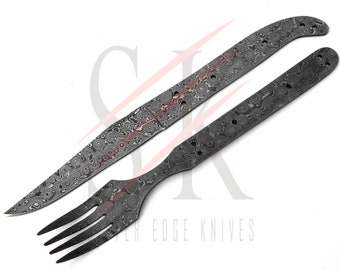 Damascus Steel Steak Knife and Fork Blank Blades Set for Knife Making Hand Made – 42