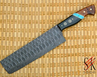 Damascus Steel Kitchen Chef Knife Hammered Custom Handmade Nakiri Cleaver Rose Wood and Micarta Handle - 148