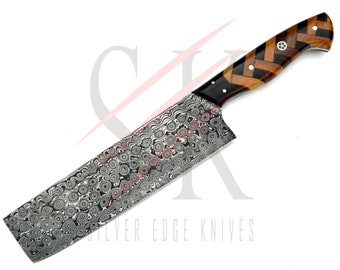 Handgemachter Damast Stahl Nakiri Küchenkoch Messer, Rosenholz und Olivenholz Griff