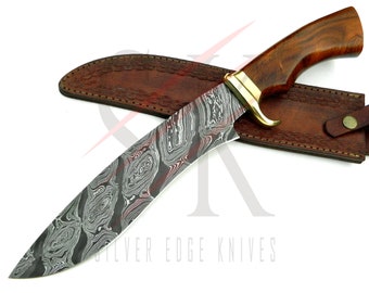 Damascus Steel Hunting Sasquatch Bowie Knife Custom Handmade Rose Wood Handle with Leather Sheath – 56