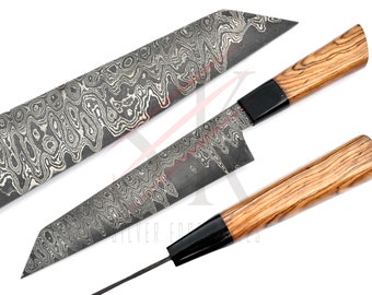 Damascus Steel Chef Knife Kitchen Knife Hidden Tang Custom Handmade Olive Wood and Micarta Handle - 202