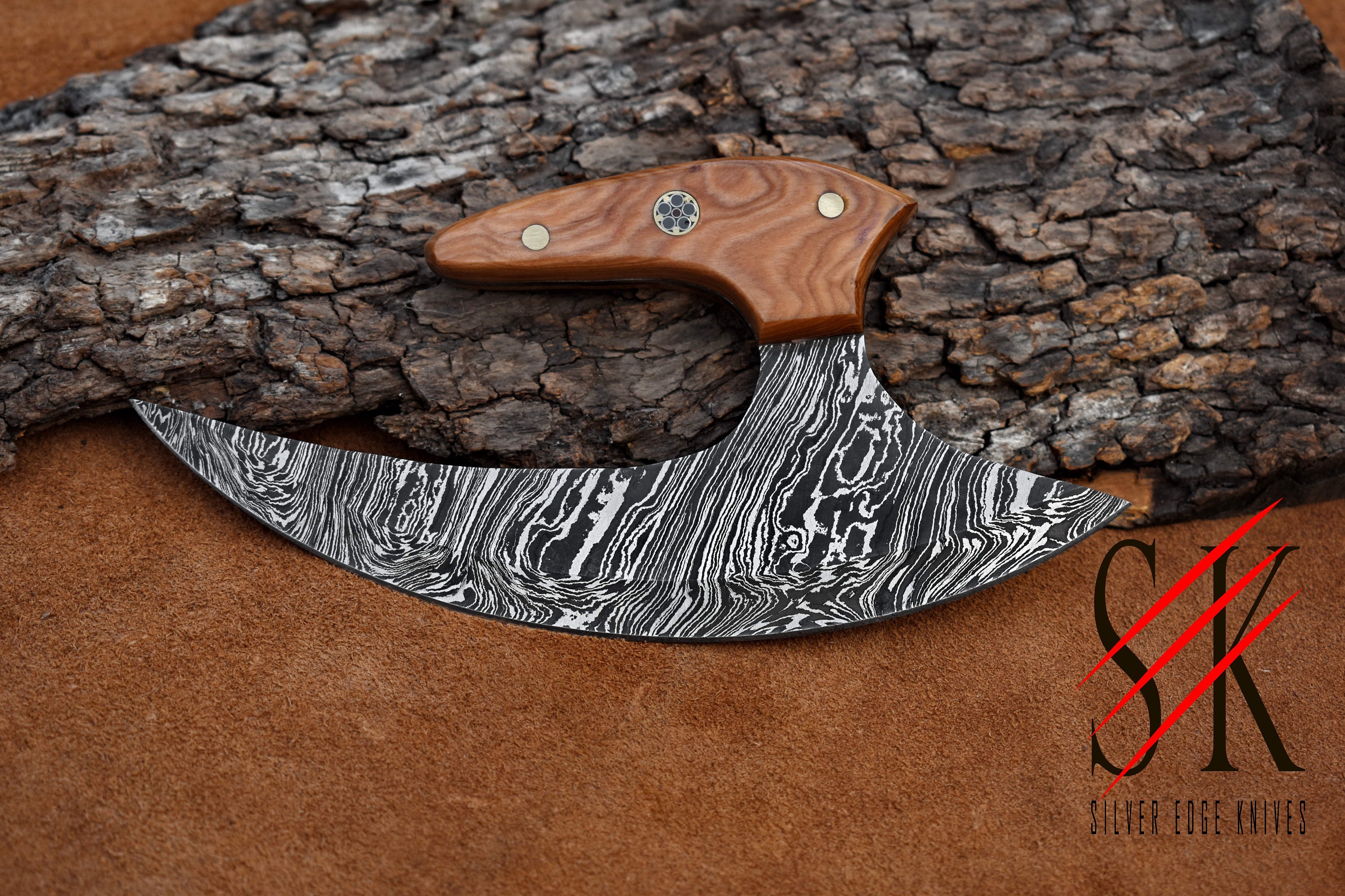Damascus Steel Ulu Knife Kitchen Knife Custom Handmade Olive Etsy