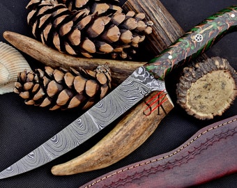 Damascus Steel Fillet Knife Kitchen Chef Knife Custom Handmade Fish Fillet Green Cast Resin Pinecone Handle - 218