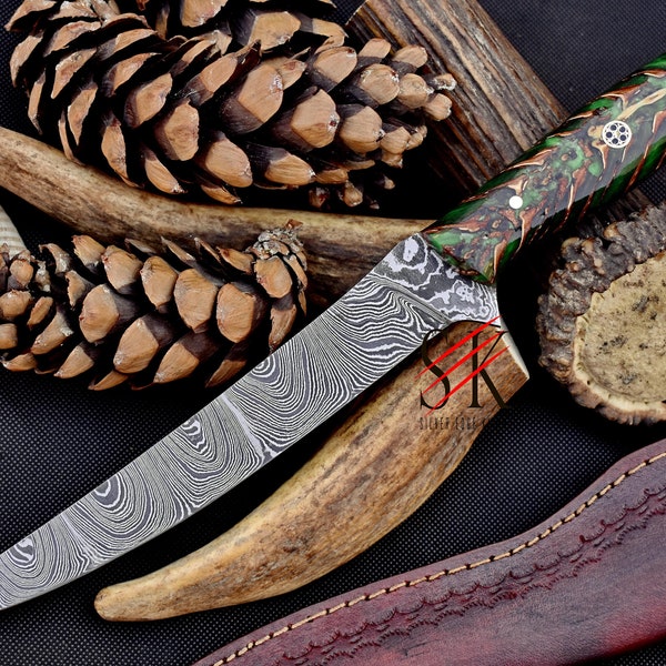 Damascus Steel Fillet Knife Kitchen Chef Knife Custom Handmade Fish Fillet Green Cast Resin Pinecone Handle - 218