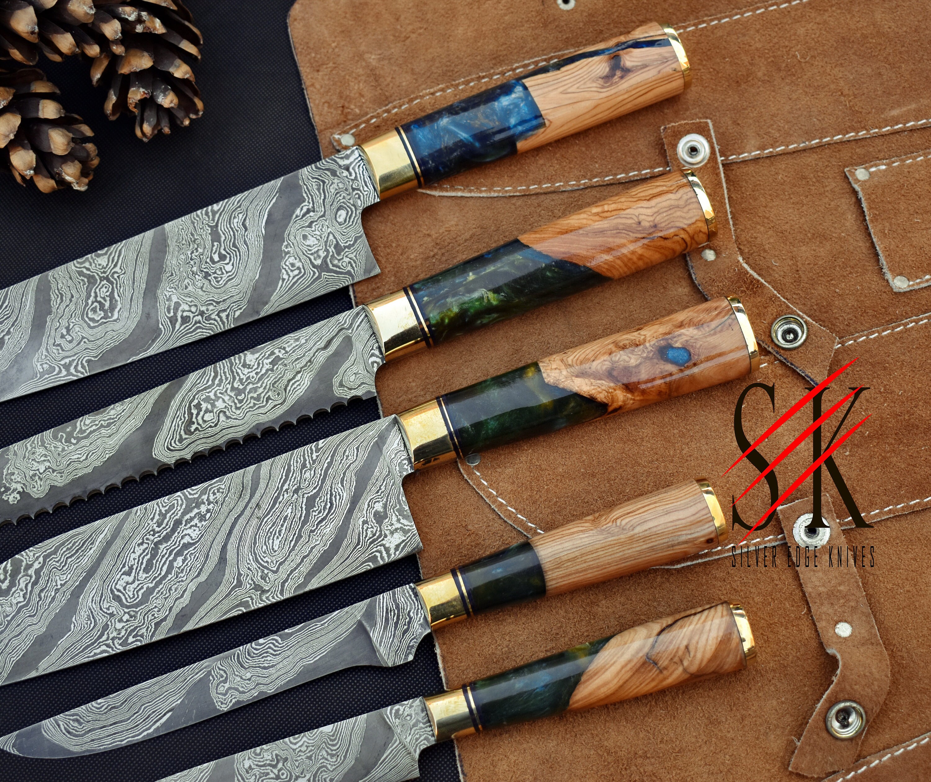 Damascus Steel Chef Knife Kitchen Knife Custom Handmade Gift Knife With  Resin Pinecone Handle 221 