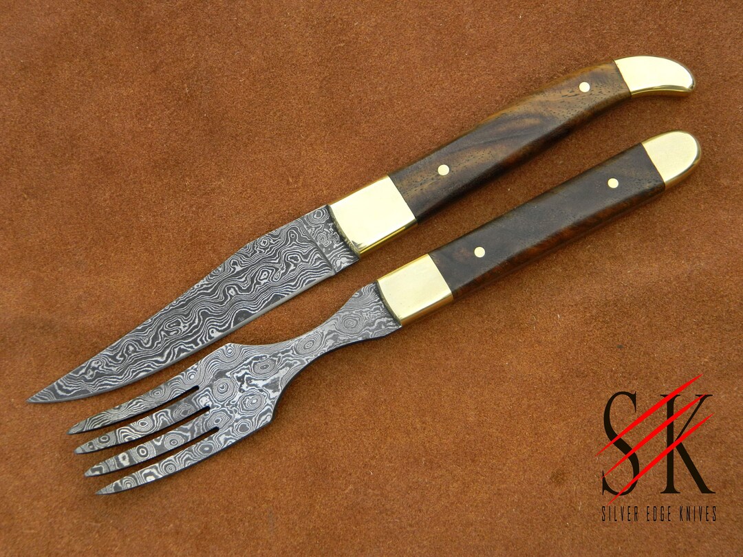 Handmade Set of 4 Damascus Steel Steak Knives and Forks Hand