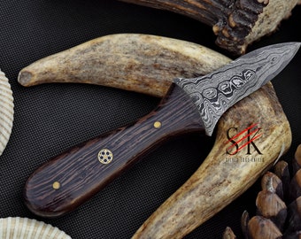 Damascus Steel Custom Made Oyster Shucker Knife Manche en bois Wenge avec gaine en cuir - 215