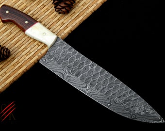 Damascus Steel Kitchen Chef Knife Custom Handmade Hammered Knife Rose Wood and Bone Handle - 21