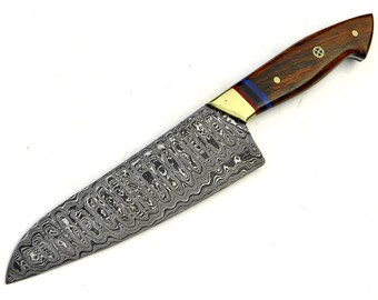 Damascus Steel Chef Knife Kitchen Knife Santoku Custom Handmade Rose Wood Handle - 66