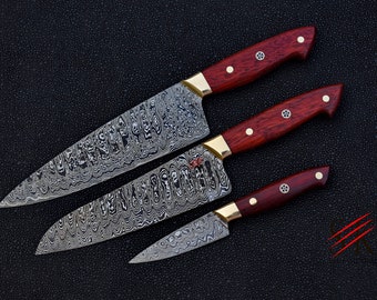 Damascus Steel Kitchen Knives Set of 3 Custom Handmade Chef Knife, Santoku Knife & Paring Knife Padauk Wood with Brass Bolster Handle - 174