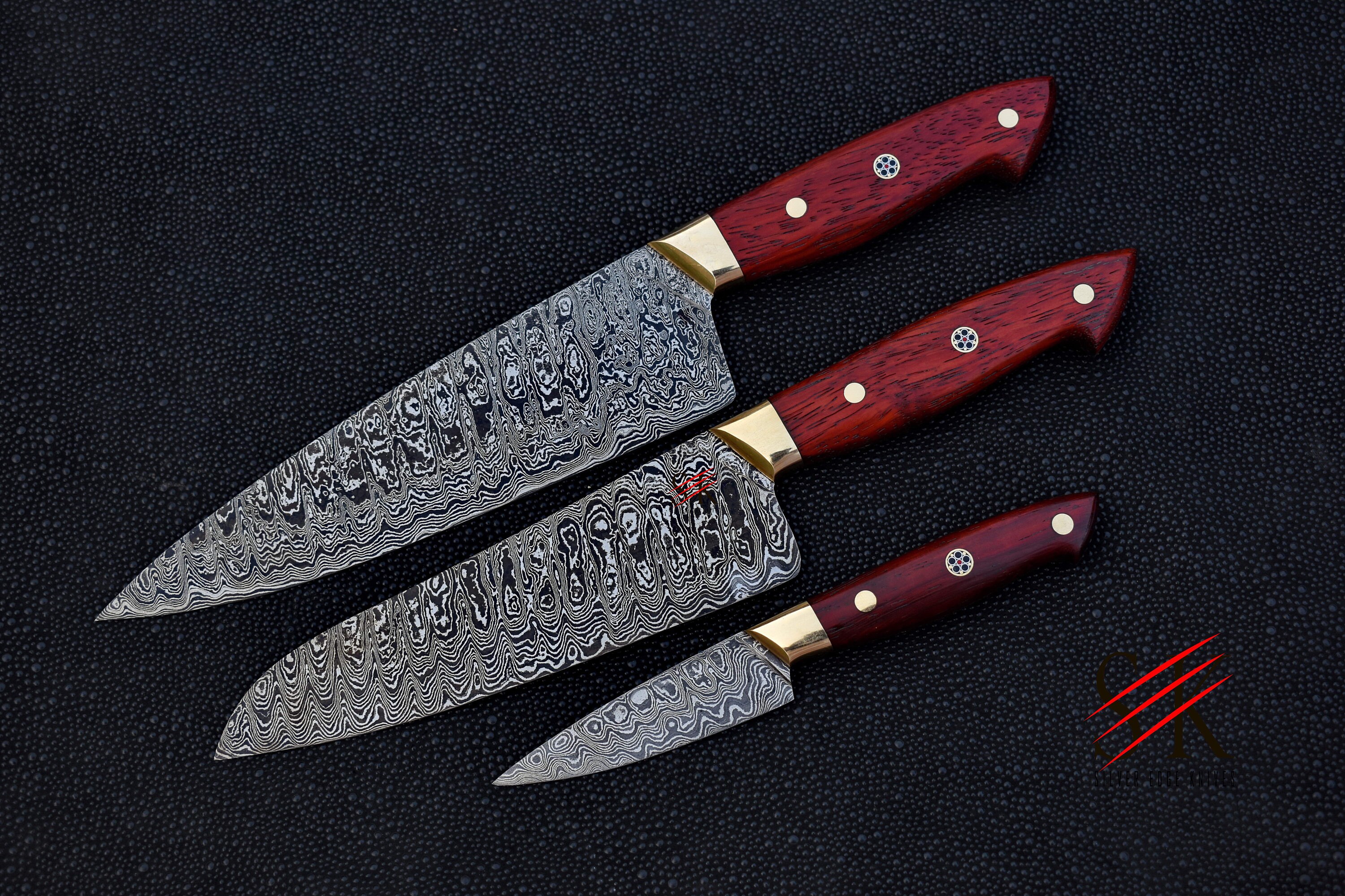 Damascus Steel Kitchen Knives Set of 3 Custom Handmade Chef Etsy