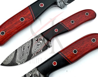 Hand Forged Damascus Steel Knife, Handmade Hunting & Custom Made Camping Knife, Padauk Wood and Micarta Handle with Leather Sheath – 185