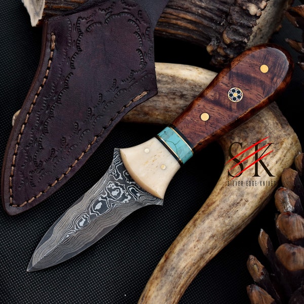 Damascus Steel Custom Made Oyster Shucker Knife Rosewood, Bone and Turquoise Handle With Leather Sheath - 213