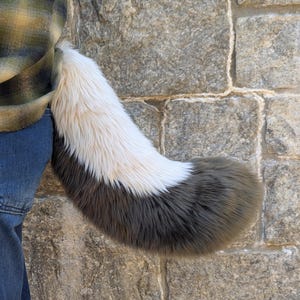 May include: A fluffy, gray and white faux fur tail with a long, bushy tip. The tail is attached to a person's waist.