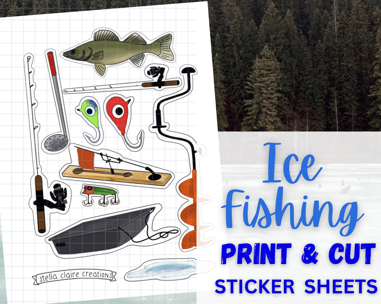 Print & Cut Stickers Sheet Ice Fishing Winter Printable Digital Download 