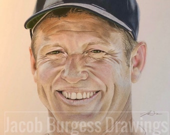 Mickey Mantle Colored Pencil Drawing Print 11"x14" #d to 300