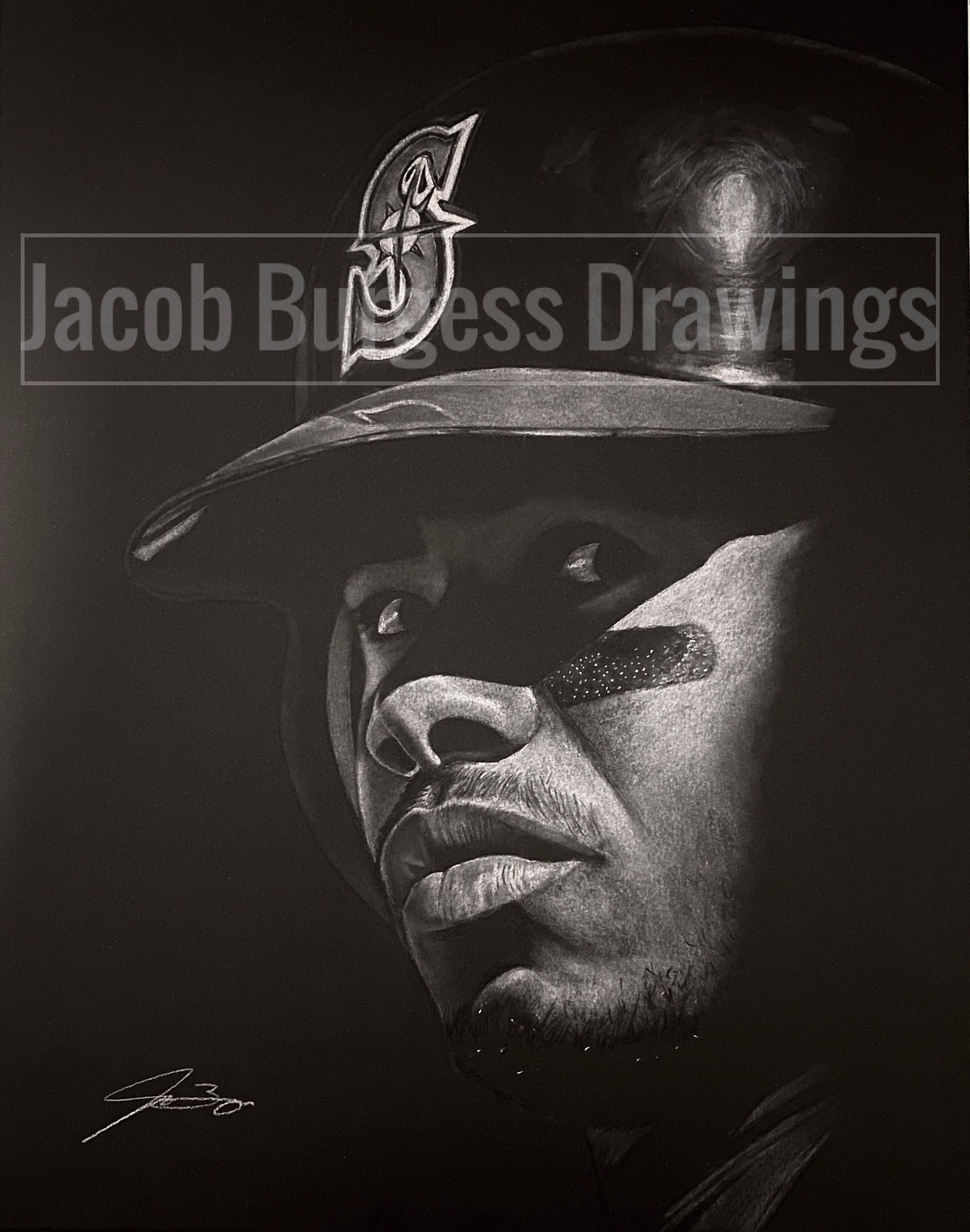 Ken Griffey Jr White Charcoal on Black Paper Limited Edition 