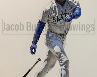 Ken Griffey Jr Swing Colored Pencil Drawing Limited Edition Print #d to 300