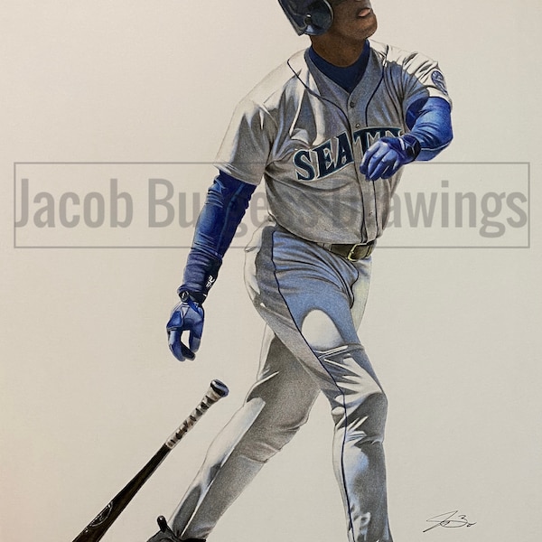 Ken Griffey Jr Swing Colored Pencil Drawing Limited Edition Print #d to 300