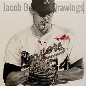 May include: A black and white drawing of a baseball player wearing a white jersey with the word "Rangers" on the front and the number "34" on the back. The player is holding a baseball glove and has blood on his face and jersey. The drawing is signed "Jacob B" in the bottom right corner.