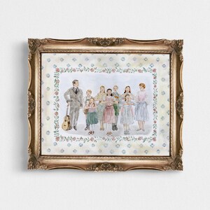 May include: A framed watercolor painting of a family of 10 people, including a man with a guitar, standing in a row. The painting is set against a background of a floral pattern.